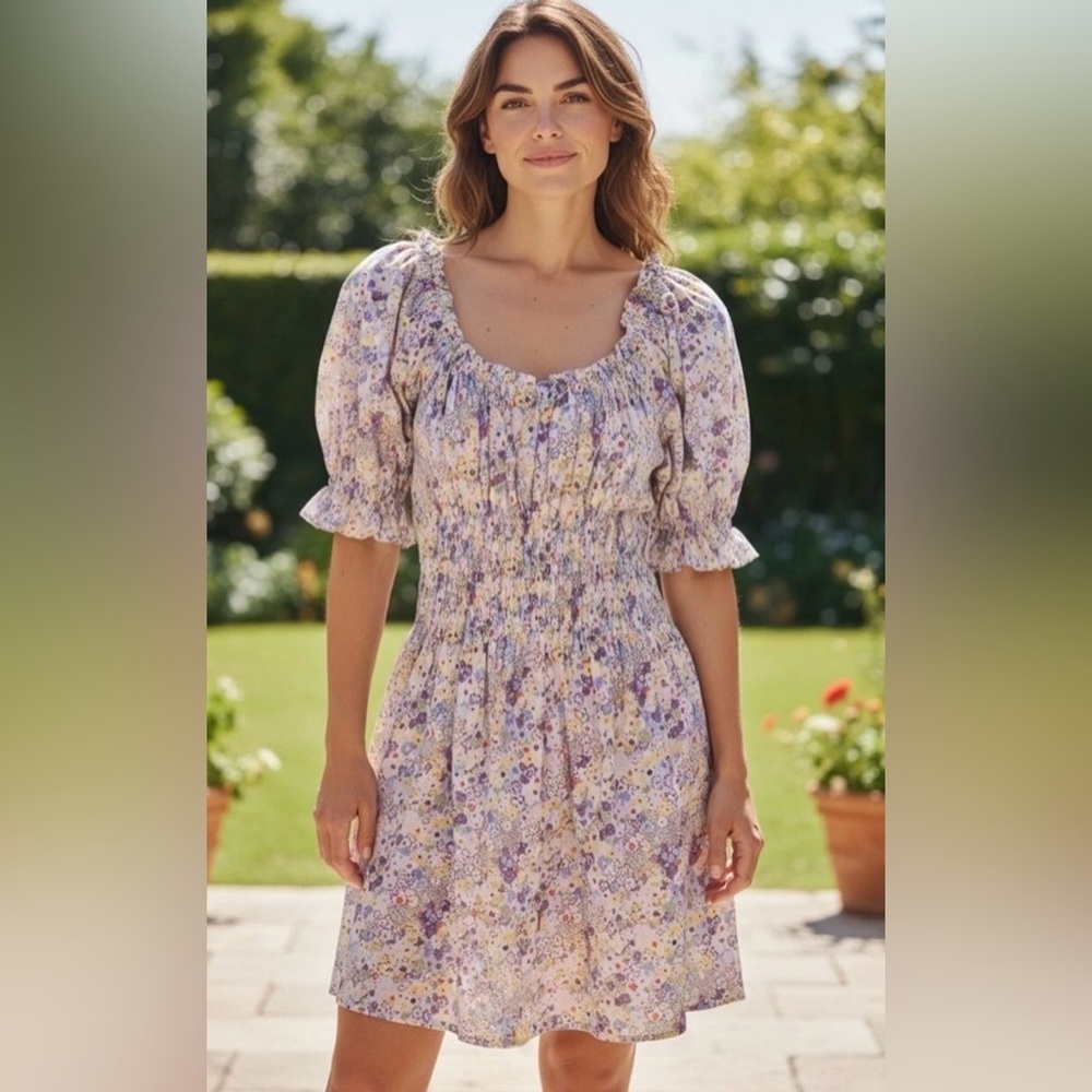 Levi's Verenne Floral Smocked Mini Dress L Cottagecore Puff Sleeve Romantic